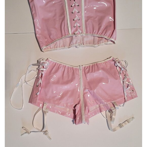 Women Sexy Pink & White PVC Bustier Corset Short Medium Back Lacing LB1151 - Picture 7 of 7